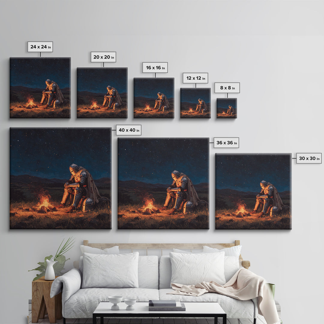 Solitary Knight By Campfire Wall Art, Starry Night Fantasy Canvas Print, Medieval Decor, Dark Academia Gift For Him, Moody Wall Decor