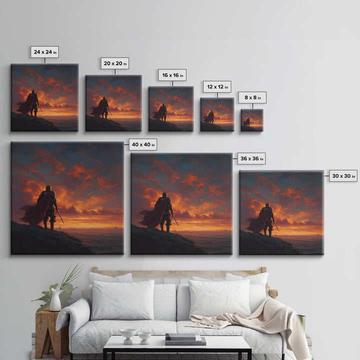 Lone Knight At Fiery Sunset Wall Art, Medieval Fantasy Warrior Canvas Print, Dramatic Landscape For Masculine Home Decor