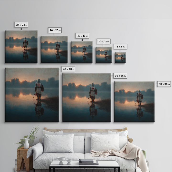Lone Crusader Knight At Misty Lake Wall Art, Medieval Landscape Painting, Dark Academia Decor, Historical Framed Canvas Print
