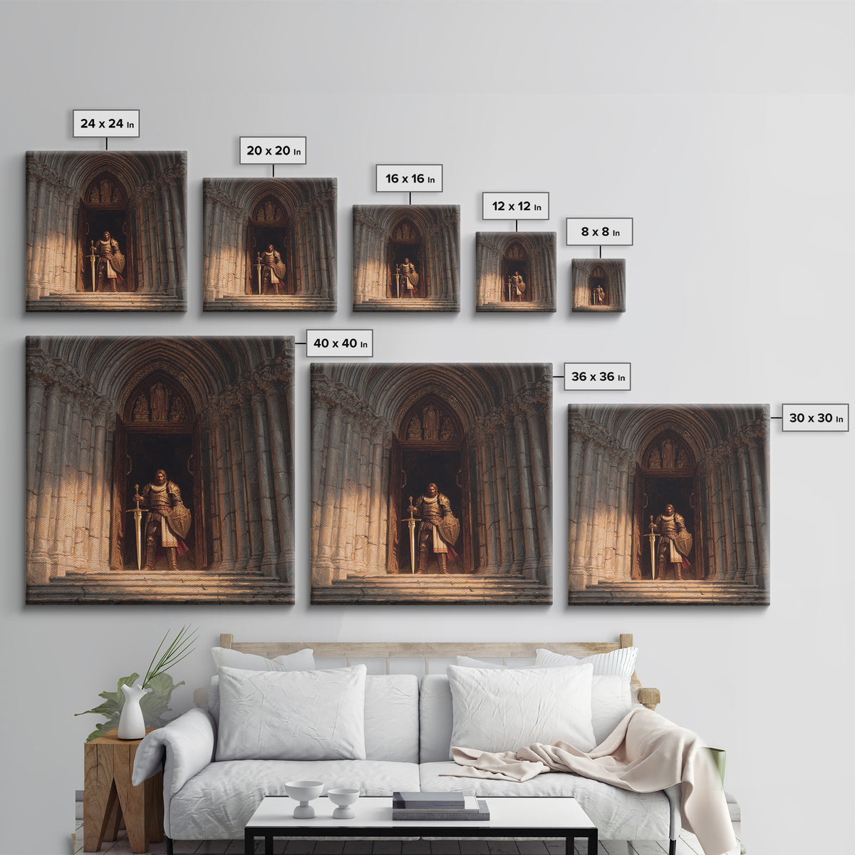 Armored Knight At Gothic Cathedral Canvas Print, Medieval Fantasy Wall Art For Castle Decor And Dark Academia Office Decor