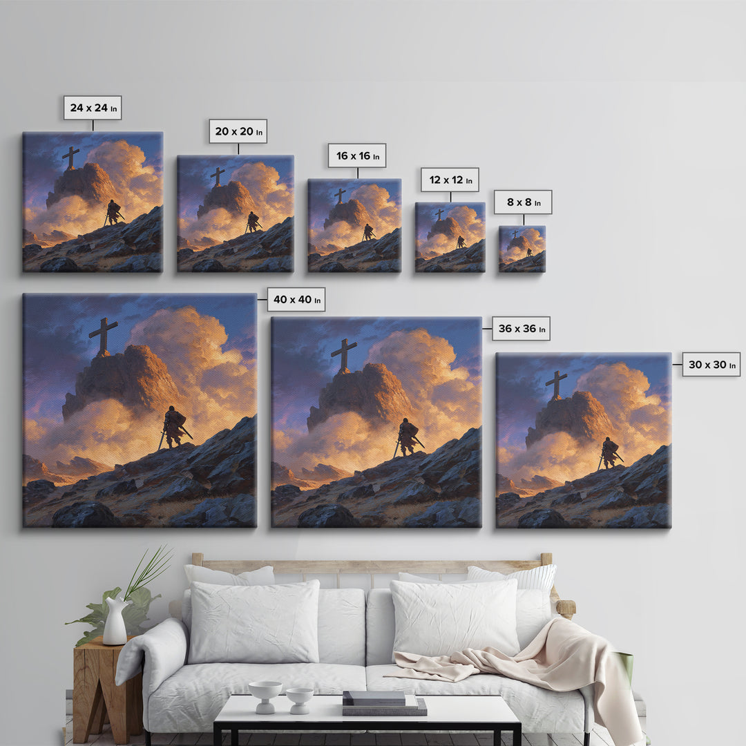 Epic Warrior Climbing Mountain To Cross Wall Art, Christian Fantasy Canvas Print, Inspirational Decor, Faith Gift For Him