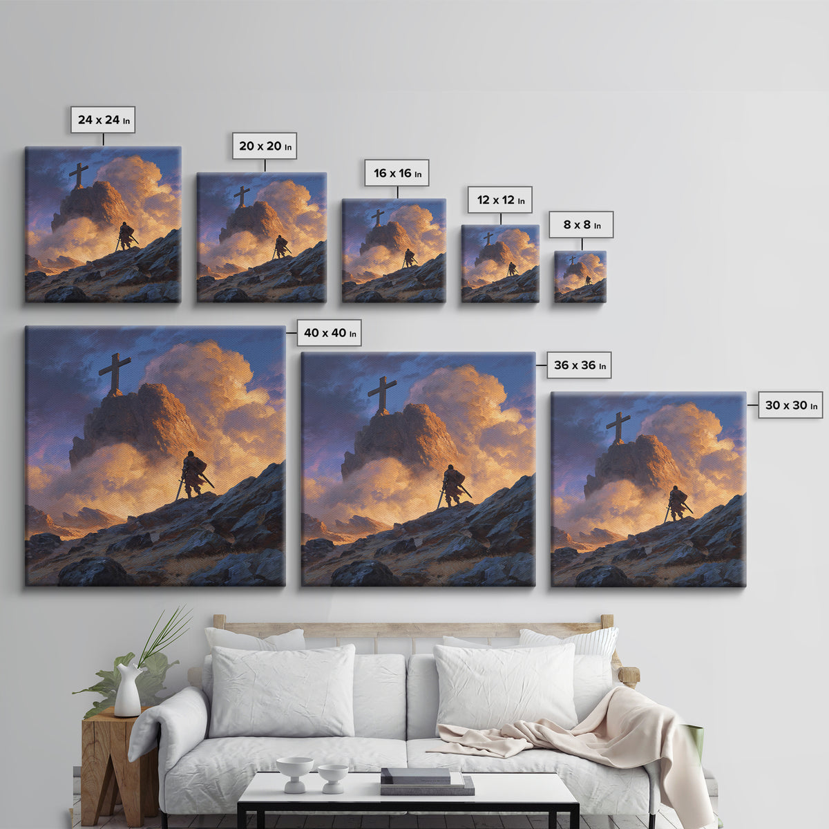 Epic Warrior Climbing Mountain To Cross Wall Art, Christian Fantasy Canvas Print, Inspirational Decor, Faith Gift For Him