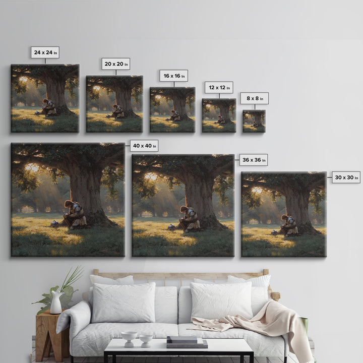 Praying Knight Beneath Ancient Oak Canvas Print, Medieval Fantasy Wall Art, Christian Warrior, Rustic Landscape Home Decor