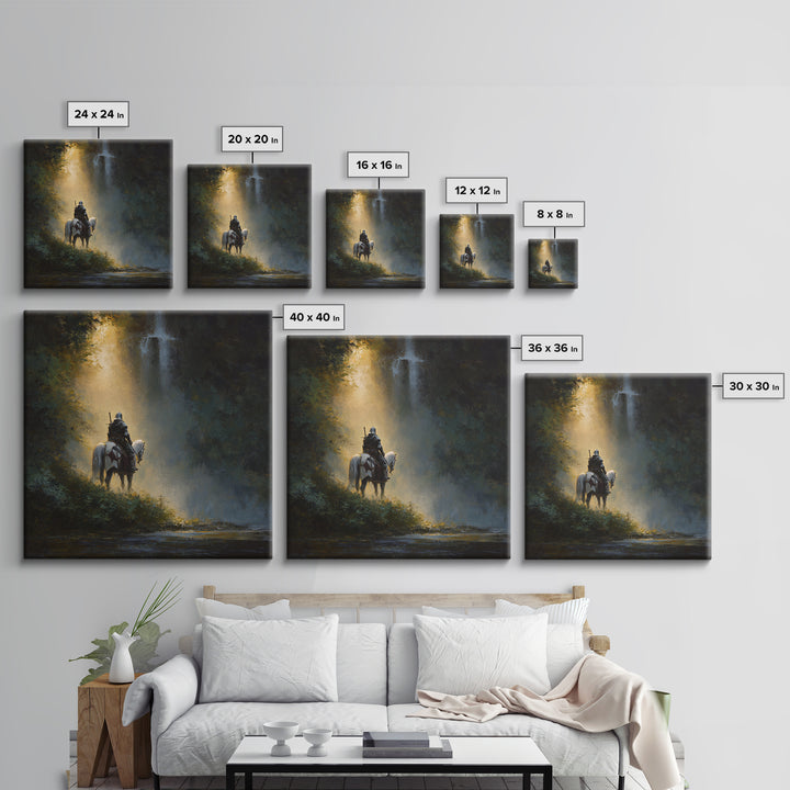 Lone Knight And White Horse By Waterfall Framed Canvas Print, Epic Fantasy Wall Art, Medieval Decor, Adventure Gift For Him