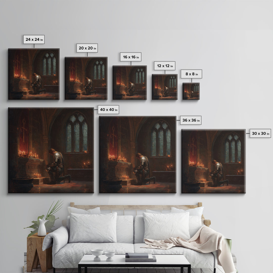 Kneeling Knight In Candlelit Chapel Wall Art, Gothic Medieval Canvas Print, Dark Academia Decor, Fantasy Christian Art Gift