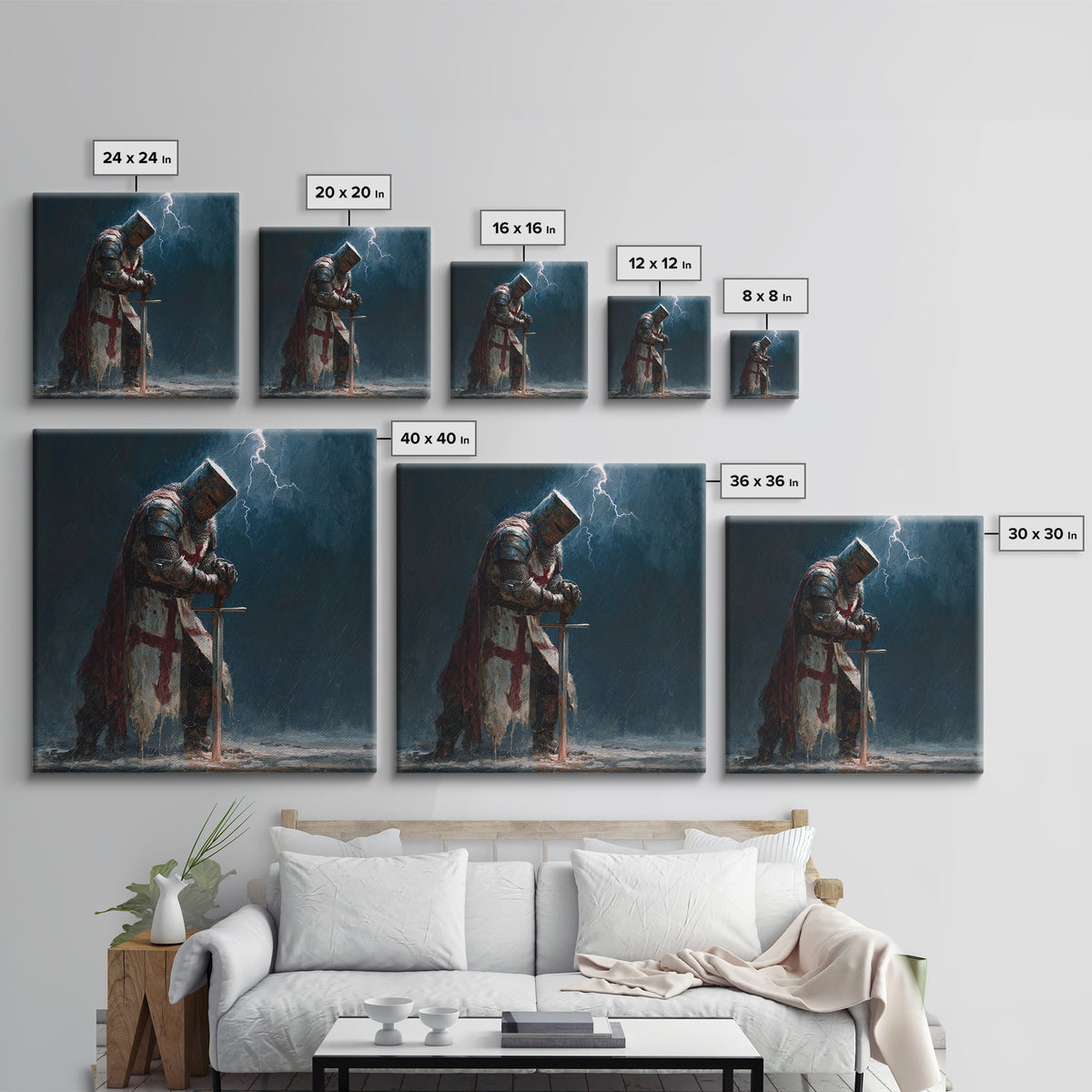 Stormy Praying Knight With Sword Wall Art, Medieval Fantasy Canvas Print, Gothic Christian Dark Academia Home Decor, Gift For Him