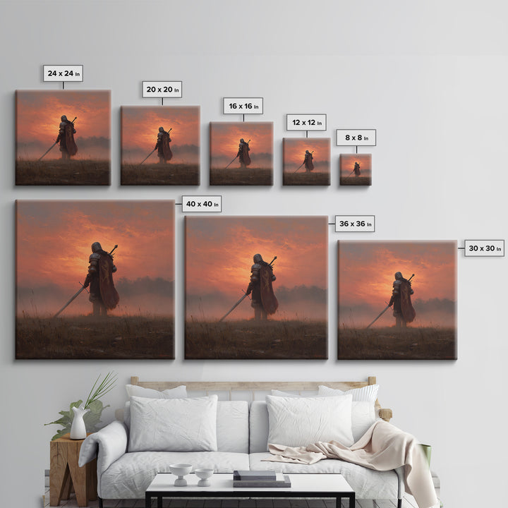 Lone Medieval Knight At Fiery Sunset Wall Art, Fantasy Warrior Canvas Print, Gothic Castle Decor, Dramatic Gift For Him Art