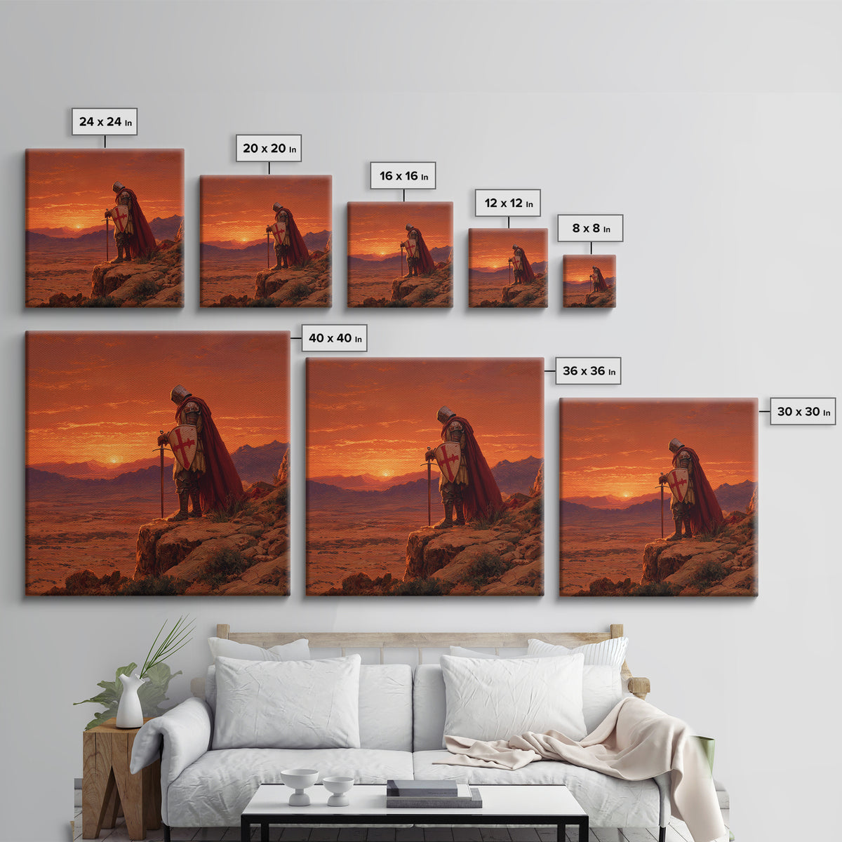 Crusader Knight At Sunset Canvas Print, Medieval Fantasy Art, Red Desert Landscape, Gothic Wall Decor, Gift For Him, Man Cave Decor