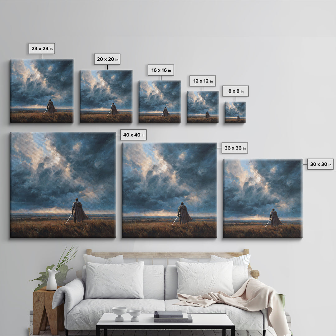 Lone Warrior Beneath Storm Clouds Wall Art, Medieval Fantasy Landscape Painting, Dark Academia Decor, Gift For Him Poster
