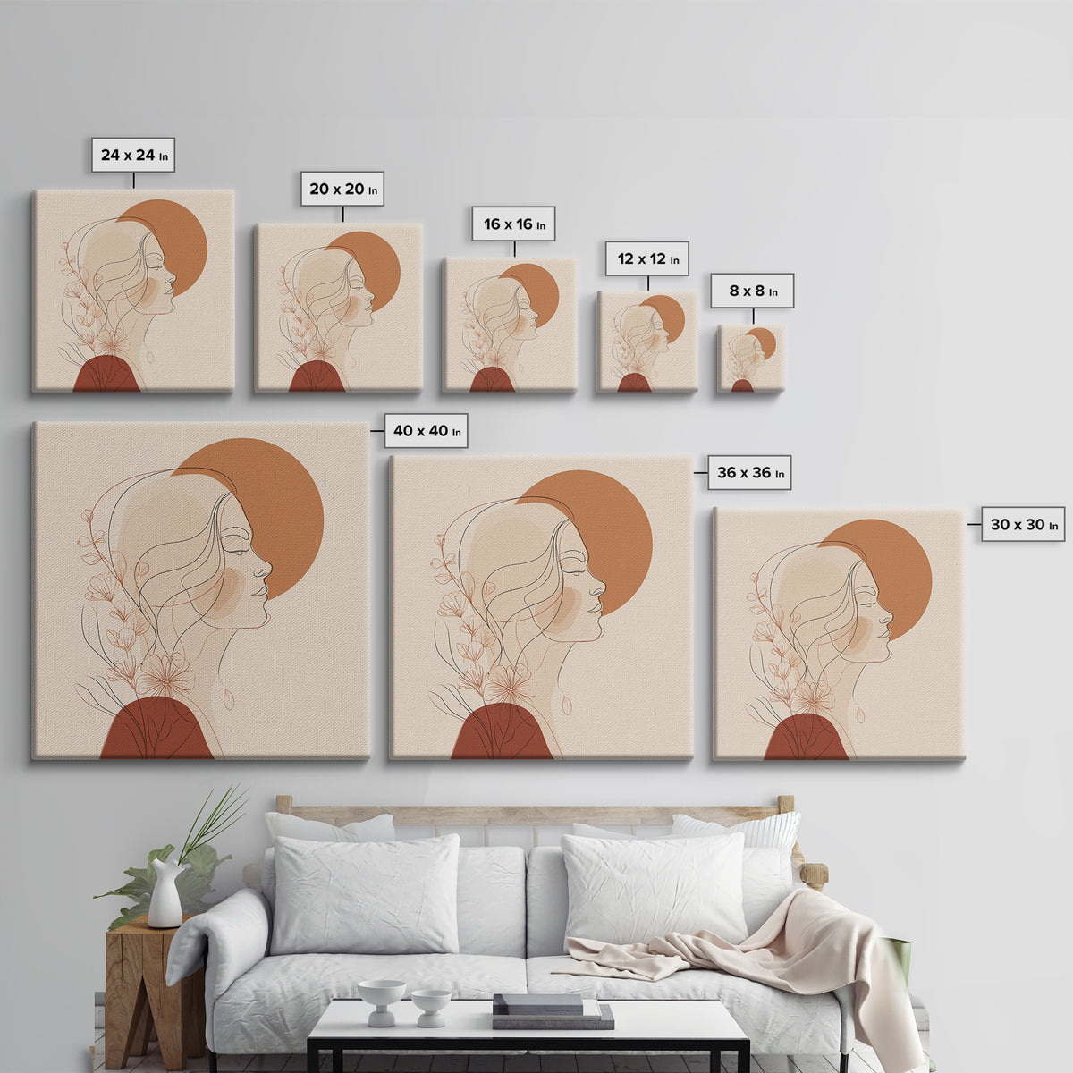 Floral Woman Line Art Canvas Print, Terracotta Sun Portrait Wall Art, Feminine Boho Decor, Minimalist Bedroom Art Print For Her
