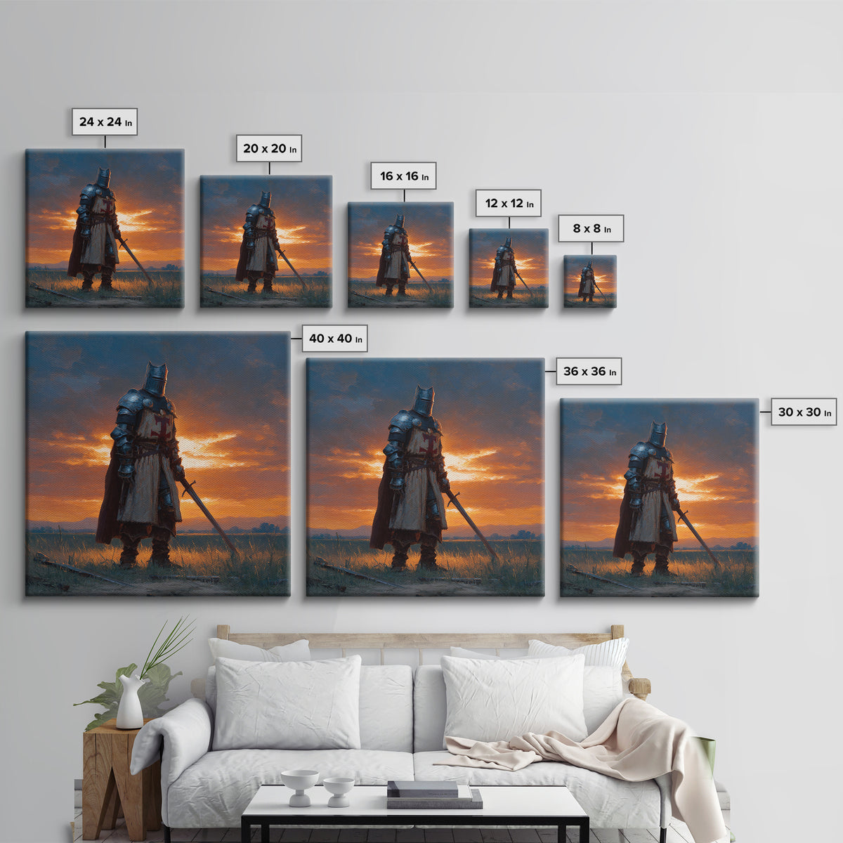 Medieval Knight At Sunset Framed Canvas Print, Crusader Wall Art, Fantasy Warrior Decor, Masculine Office Art, Gift For Him