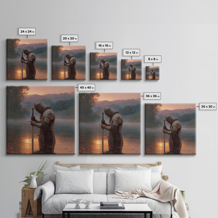 Armored Knight In Sunset River Wall Art, Medieval Fantasy Landscape Painting, Moody Rustic Decor, Historical Canvas Print