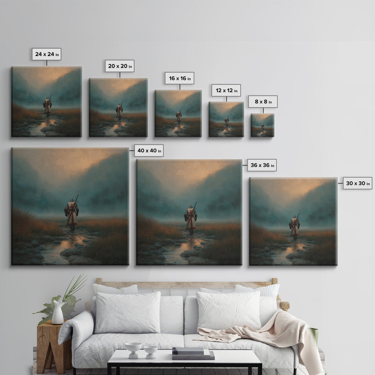 Foggy Knight Mountain Path Wall Art, Moody Fantasy Landscape Print, Medieval Warrior Decor, Rustic Home Decor Gift For Living Room