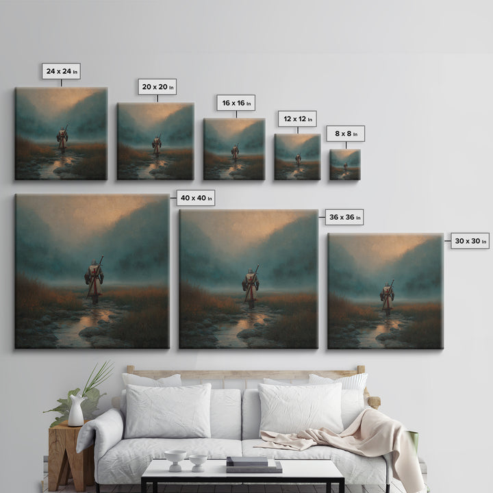 Foggy Knight Mountain Path Wall Art, Moody Fantasy Landscape Print, Medieval Warrior Decor, Rustic Home Decor Gift For Living Room