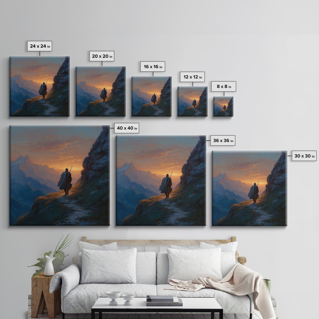 Lone Traveler On Mountain Path Wall Art, Sunset Fantasy Landscape Canvas Print, Epic Adventure Decor For Living Room Home Decor