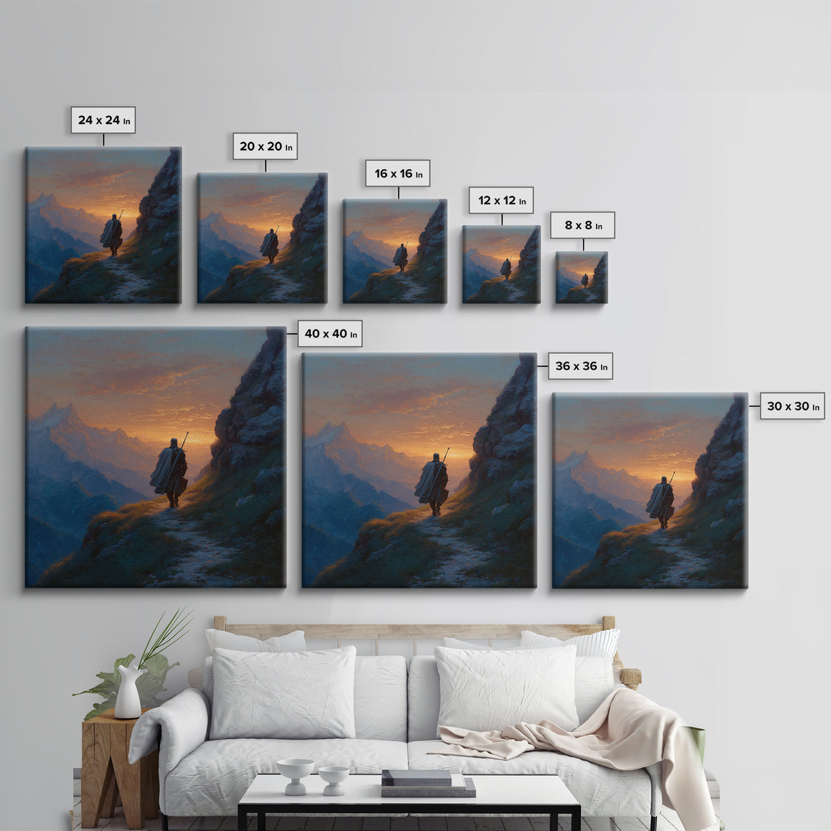 Lone Traveler On Mountain Path Wall Art, Sunset Fantasy Landscape Canvas Print, Epic Adventure Decor For Living Room Home Decor