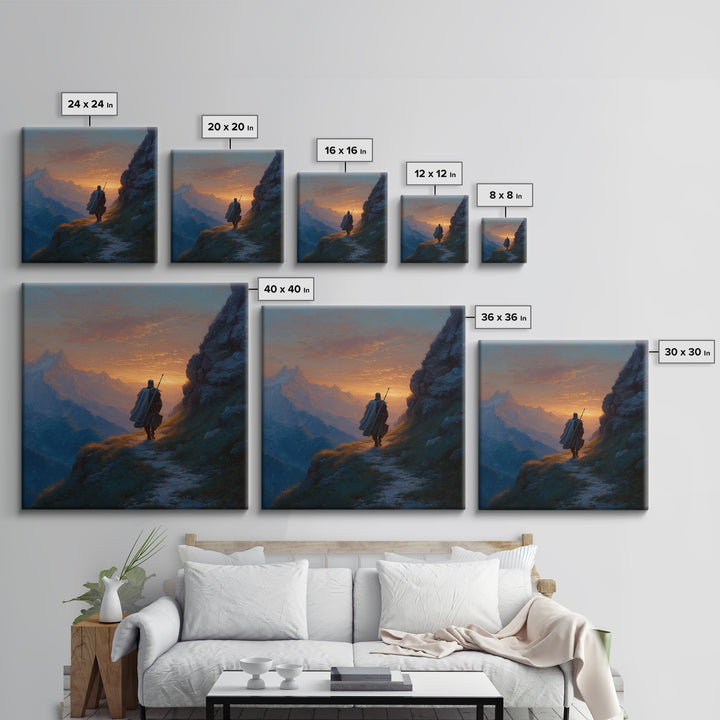 Lone Traveler On Mountain Path Wall Art, Sunset Fantasy Landscape Canvas Print, Epic Adventure Decor For Living Room Home Decor