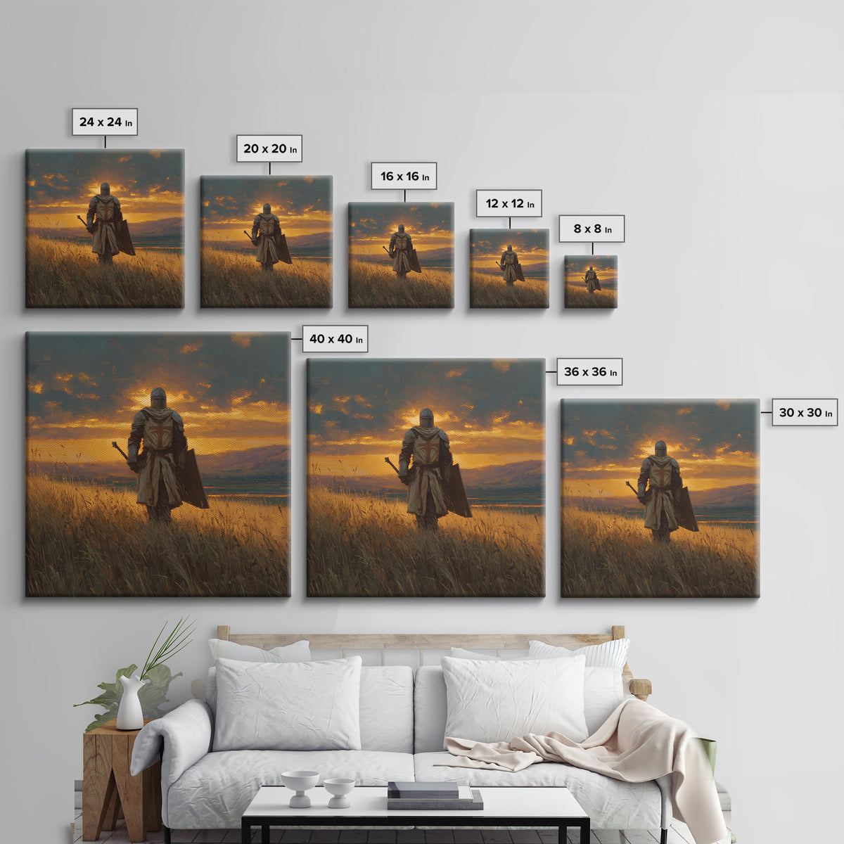 Lone Knight Sunset Field Canvas Print, Medieval Landscape Wall Art, Fantasy Warrior Decor, Rustic Home Decor, Gift For Him