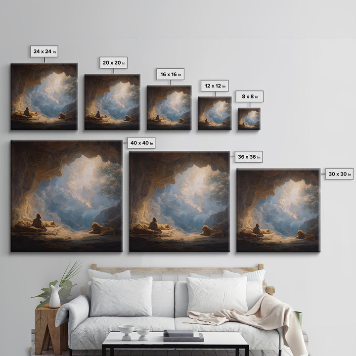 Cave Sanctuary With Lions And Heavenly Clouds Wall Art, Fantasy Landscape Canvas, Spiritual Home Decor, Mystical Gift Print