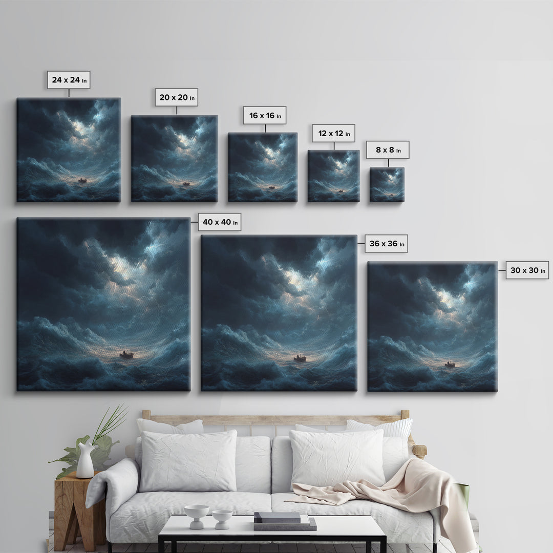 Tiny Boat In Stormy Ocean Wall Art, Dramatic Seascape Canvas Print, Nautical Coastal Decor, Moody Ocean Painting Gift For Him