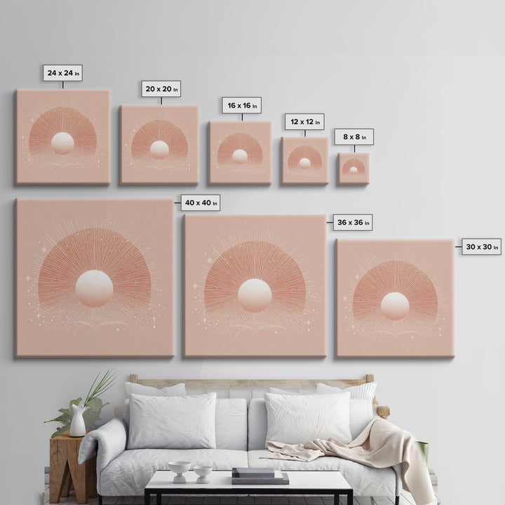 Radiant Peach Sun Wall Art, Celestial Canvas Print, Boho Sun And Moon Decor, Minimalist Nursery Or Bedroom Wall Decor Art Print