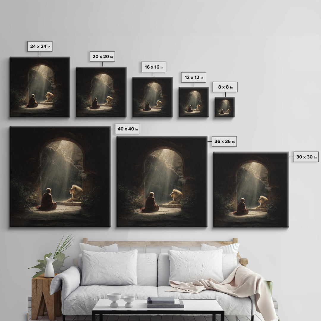 Child And Lion In Sunlit Cave Wall Art, Spiritual Fantasy Painting, Inspirational Decor, Storybook Artwork, Unique Gift For Her