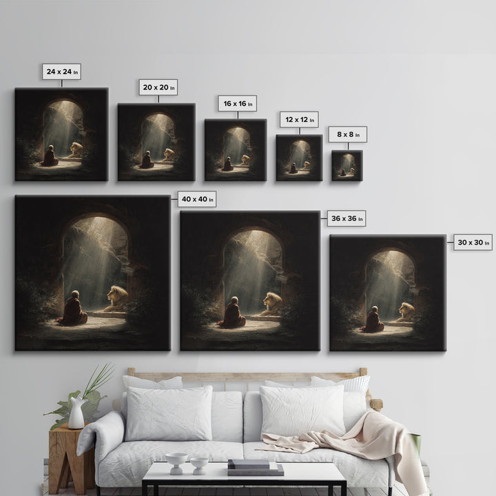 Child And Lion In Sunlit Cave Wall Art, Spiritual Fantasy Painting, Inspirational Decor, Storybook Artwork, Unique Gift For Her