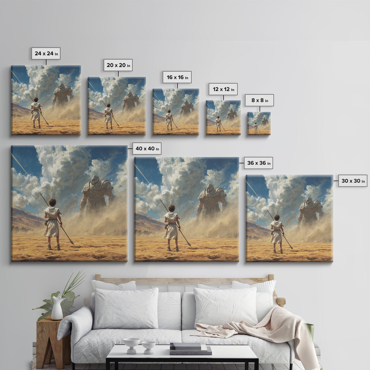 Young Warrior Facing Desert Giant In Dust Canvas Print, Biblical Wall Art, Fantasy Decor, David And Goliath Gift For Him