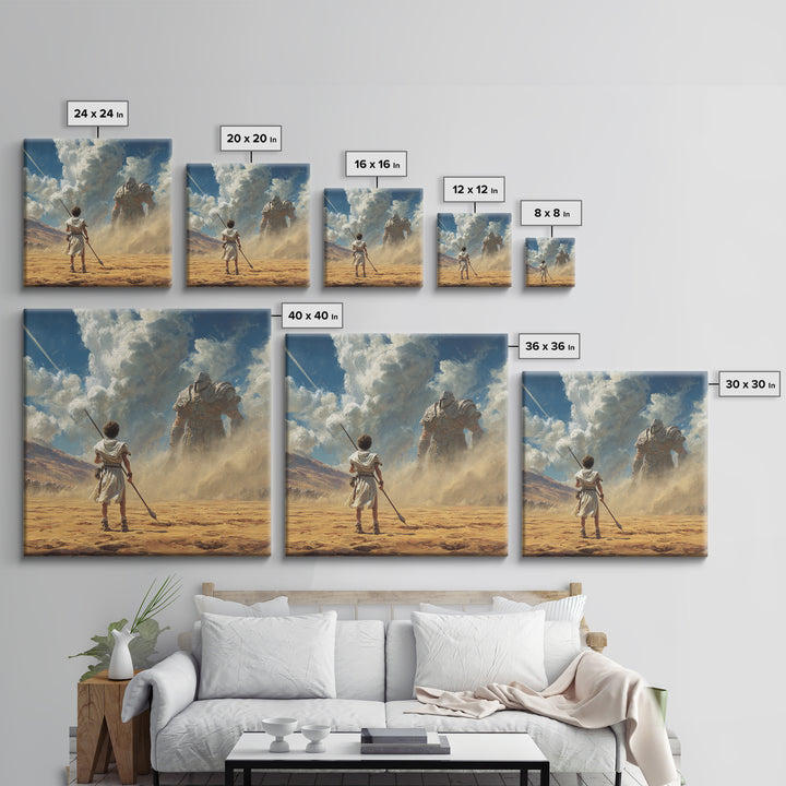 Young Warrior Facing Desert Giant In Dust Canvas Print, Biblical Wall Art, Fantasy Decor, David And Goliath Gift For Him