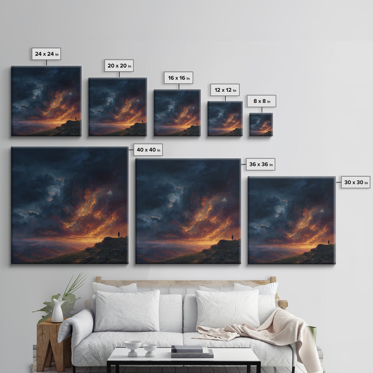 Lone Figure Under Fiery Storm Clouds Wall Art, Dramatic Landscape Canvas Print, Moody Fantasy Decor, Statement Artwork Gift
