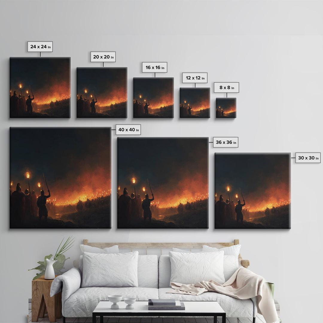 Torchlit Ancient Army At Night Wall Art, Dark Fantasy Canvas Print, Warrior Battle Scene, Moody Medieval Decor, Man Cave Gift