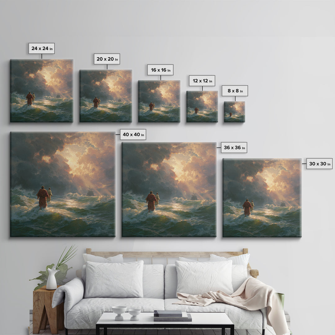 Jesus Walking On Stormy Sea Wall Art, Christian Canvas Print, Biblical Ocean Painting, Faith Gift, Dramatic Home Decor, For Living Room