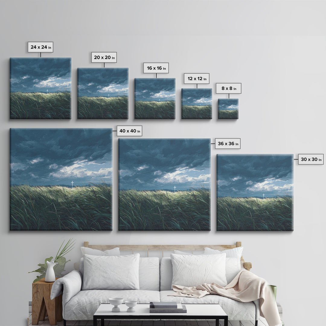 Stormy Field With Glowing Cross Wall Art, Christian Canvas Print, Moody Landscape Decor, Faith Inspired Prayer Room Art, Gift