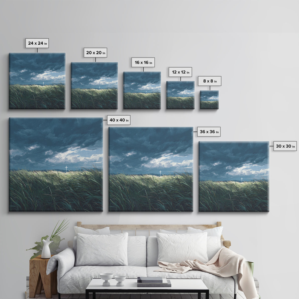 Stormy Field With Glowing Cross Wall Art, Christian Canvas Print, Moody Landscape Decor, Faith Inspired Prayer Room Art, Gift