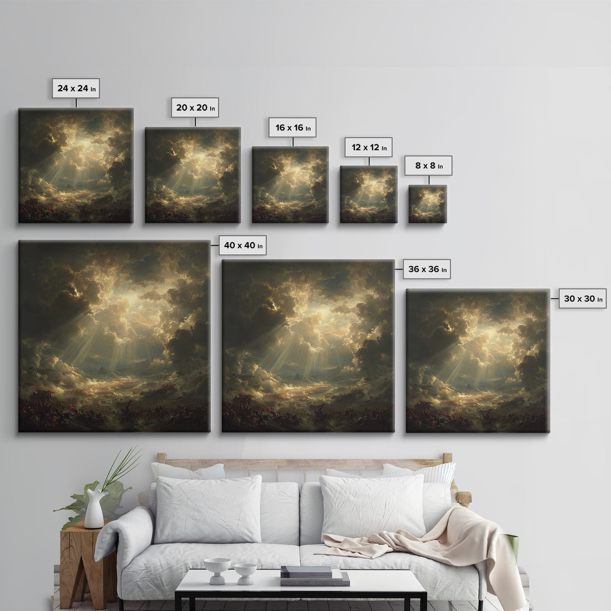Heavenly Sunbeams Over Storm Clouds Canvas Print, Dramatic Spiritual Wall Art, Epic Landscape, Christian Decor, Statement Artwork