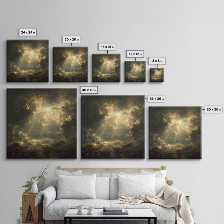 Heavenly Sunbeams Over Storm Clouds Canvas Print, Dramatic Spiritual Wall Art, Epic Landscape, Christian Decor, Statement Artwork
