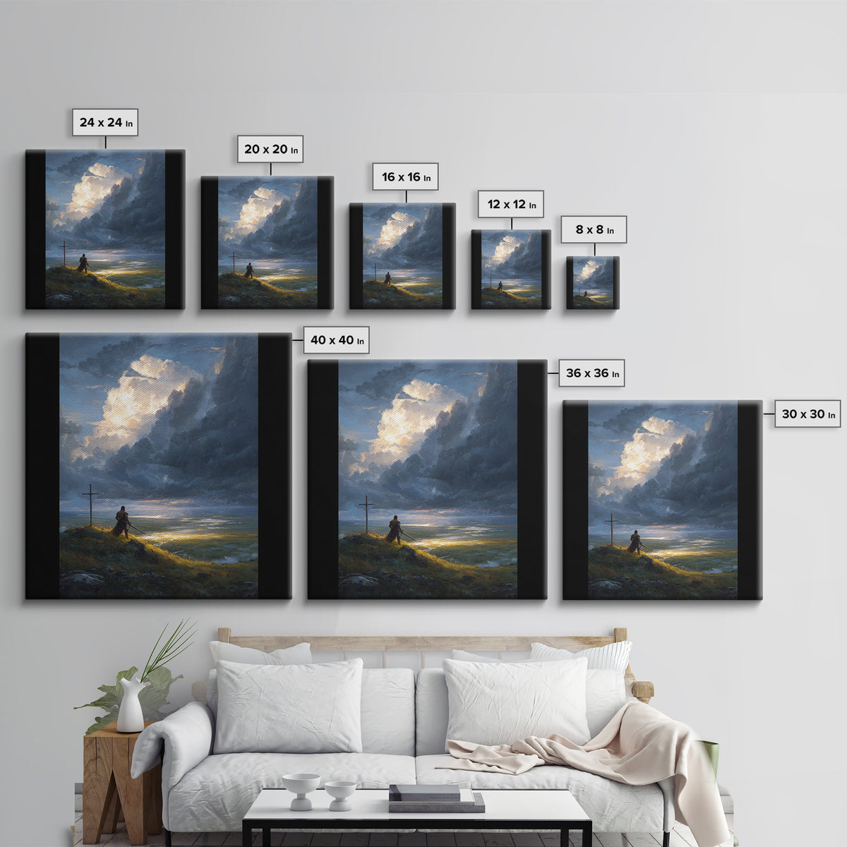 Lone Knight At Cross Under Storm Clouds Framed Canvas Print, Christian Wall Art, Dramatic Landscape, Faith Home Decor Gift