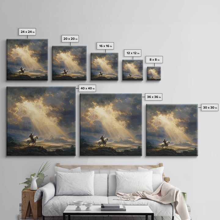 Mounted Knight Beneath Sunbeams Framed Canvas Print, Medieval Landscape Wall Art, Christian Artwork, Castle Decor Gift For Him
