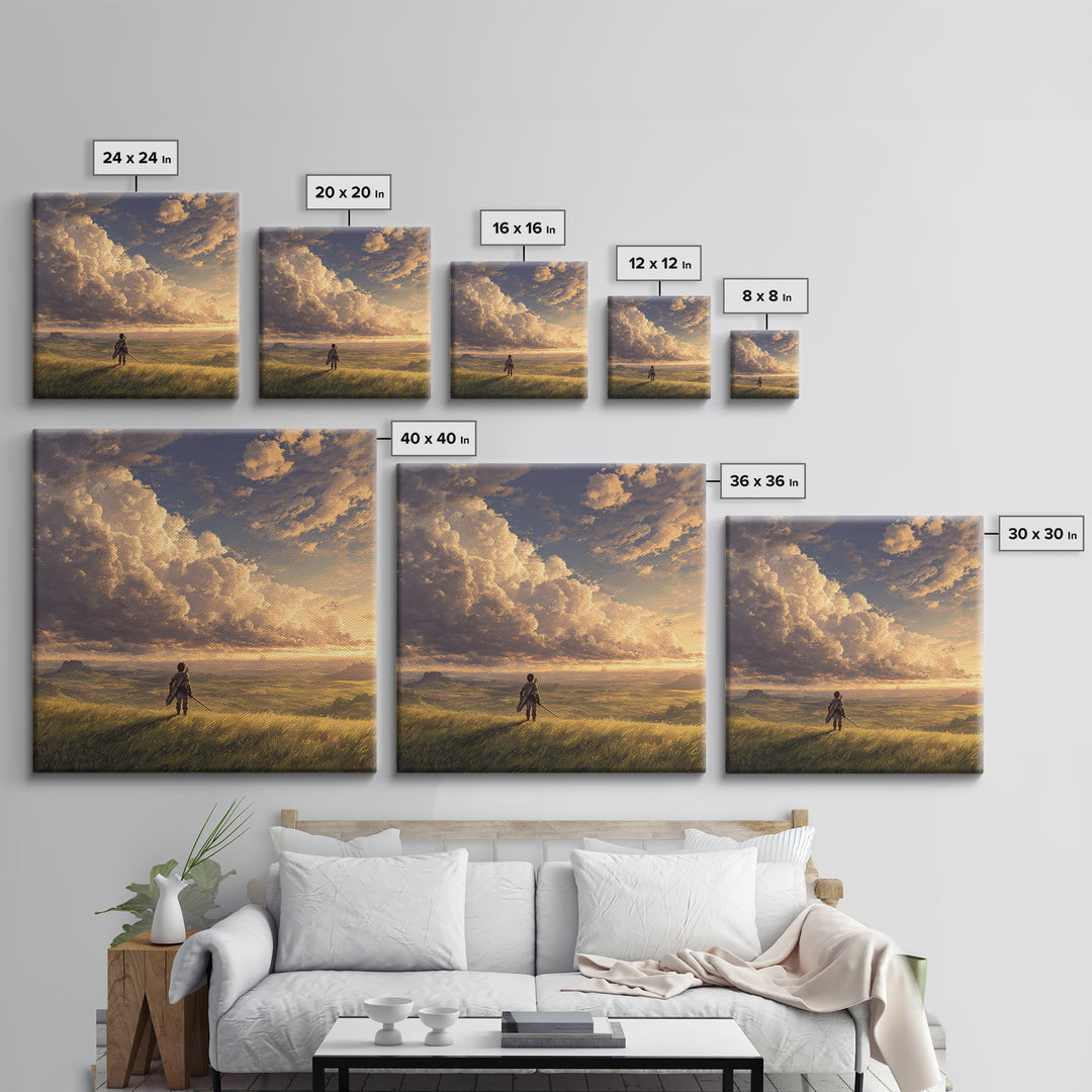Lone Traveler Under Golden Clouds Wall Art, Fantasy Landscape Painting, Adventure Canvas Print For Bedroom And Living Room Decor