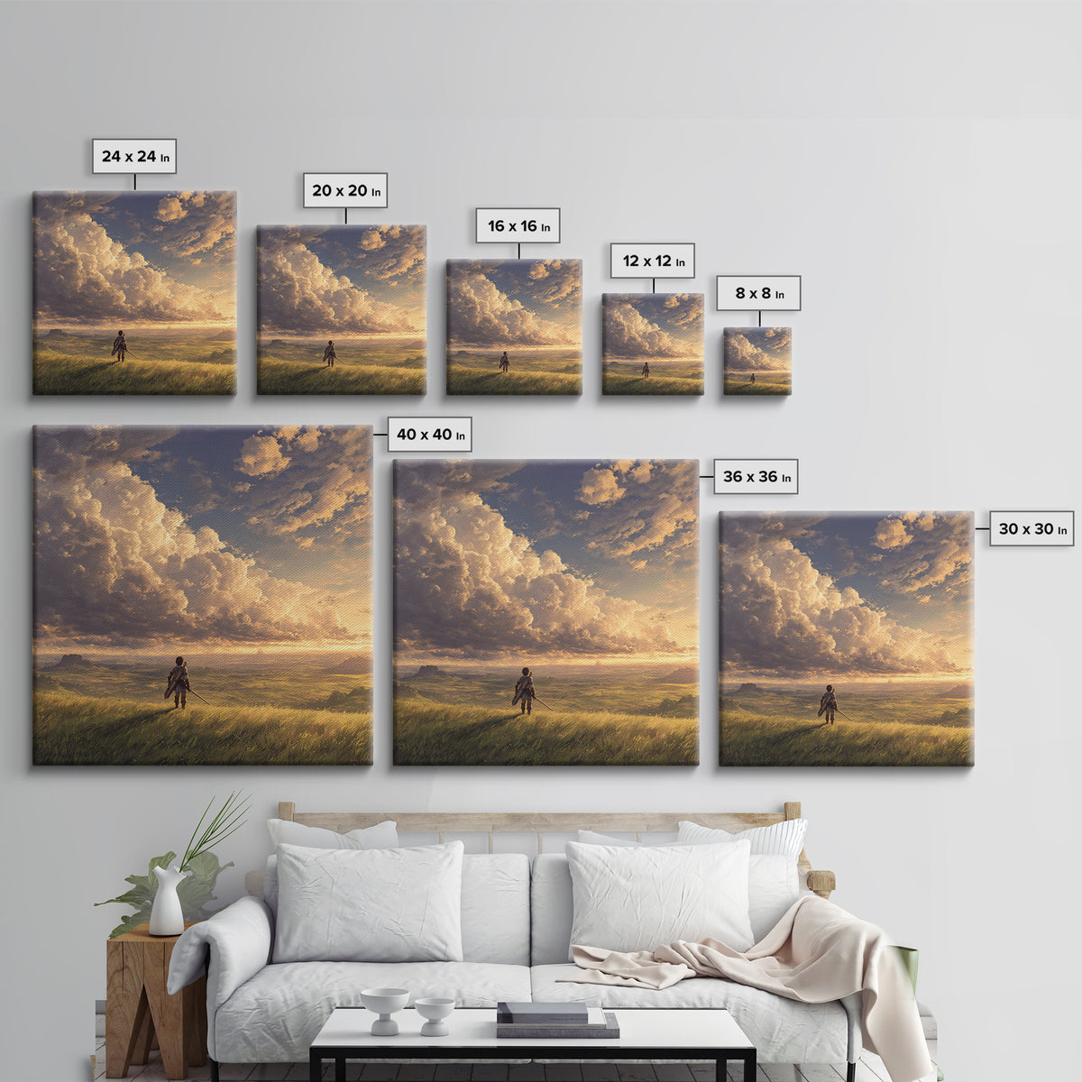 Lone Traveler Under Golden Clouds Wall Art, Fantasy Landscape Painting, Adventure Canvas Print For Bedroom And Living Room Decor
