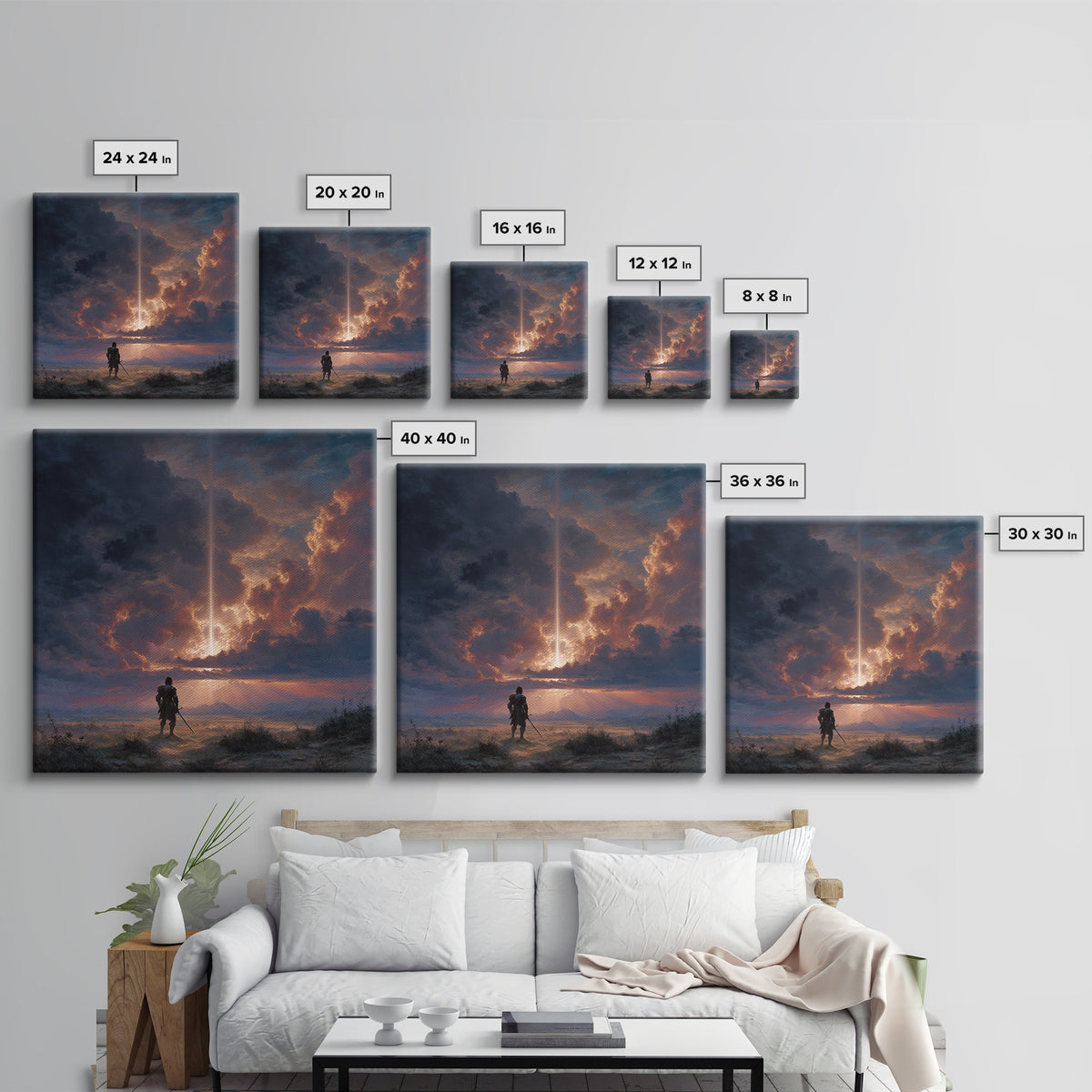 Lone Warrior Under Divine Sky Canvas Print, Fantasy Landscape Art, Dramatic Cloudscape Wall Decor, Medieval Adventure Gift For Him