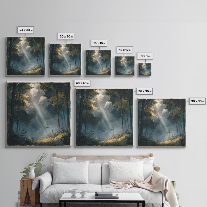 Sunbeams Over Forest Cross Wall Art, Peaceful Christian Canvas Print, Spiritual Nature Decor, Prayer Room Artwork, Faith Gift