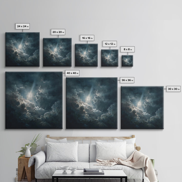 Radiant Cross In Storm Clouds Wall Art, Christian Inspirational Canvas Print, Spiritual Home Decor, Prayer Room Gift For Her