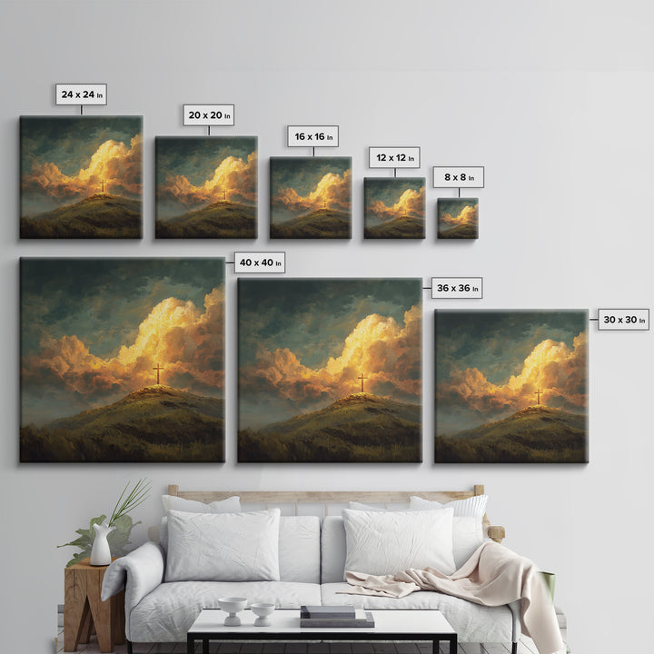 Glowing Cross On Hilltop Wall Art, Christian Landscape Canvas Print, Inspirational Clouds, Religious Home Decor Gift For Her