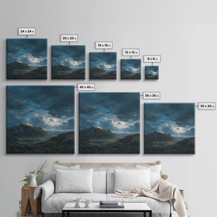Glowing Cross On Stormy Hill Wall Art, Dramatic Christian Landscape Painting For Prayer Room Decor And Spiritual Gift Idea