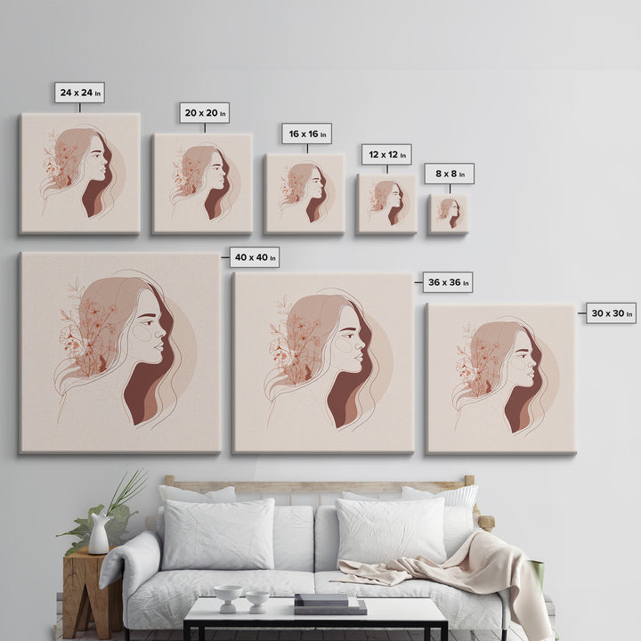 Terracotta Floral Woman Wall Art, Minimalist Line Portrait Canvas Print, Feminine Boho Decor, Neutral Bedroom Art Print For Her