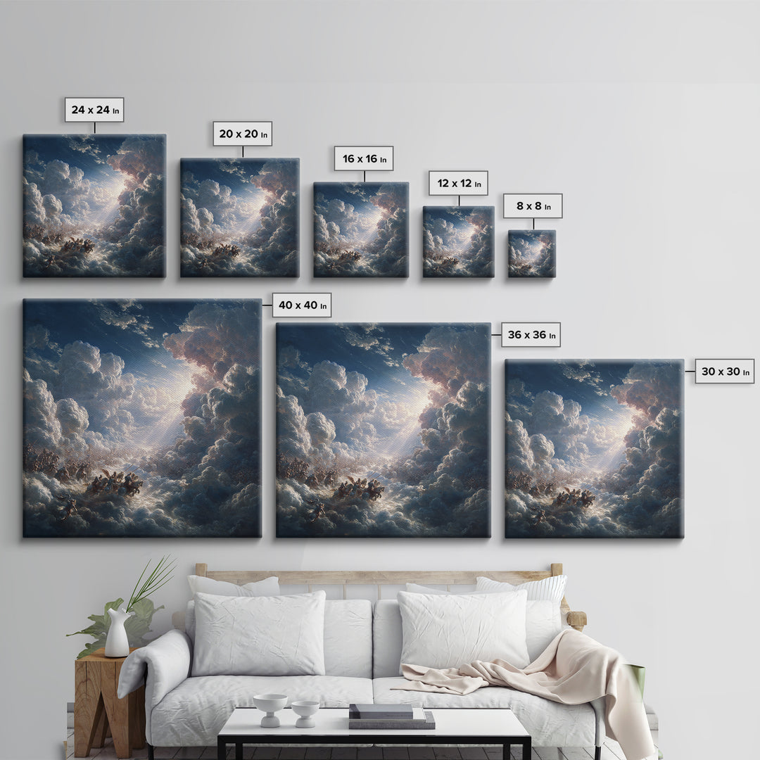 Angelic Battle In Storm Clouds Framed Canvas Print, Baroque Wall Art, Celestial Fantasy Art, Dramatic Spiritual Decor Print
