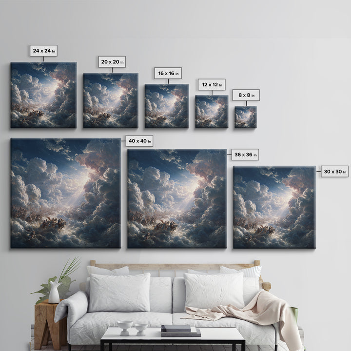 Angelic Battle In Storm Clouds Framed Canvas Print, Baroque Wall Art, Celestial Fantasy Art, Dramatic Spiritual Decor Print