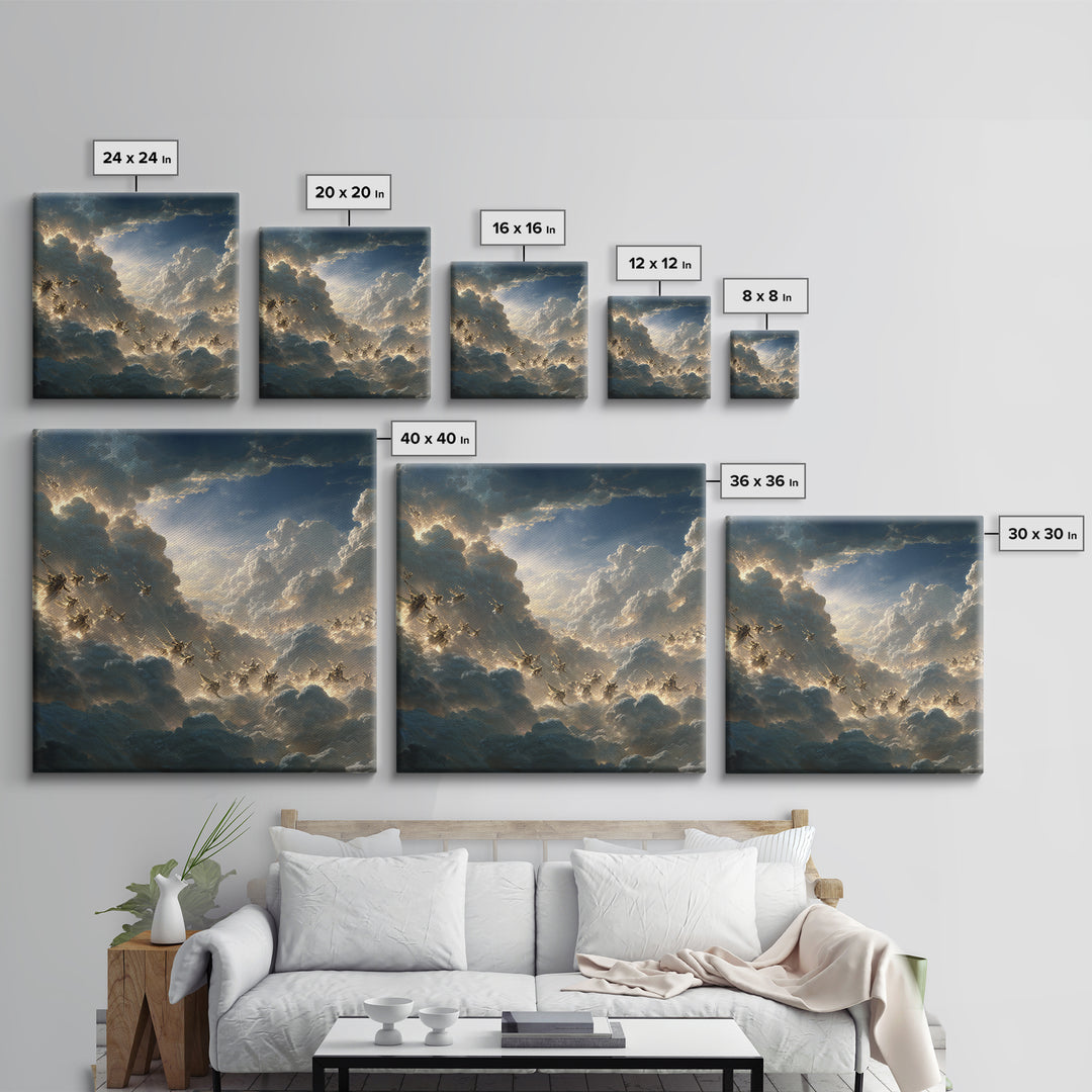 Angelic Riders In Storm Clouds Wall Art, Celestial Christian Canvas Print, Fantasy Sky Battle, Spiritual Living Room Decor