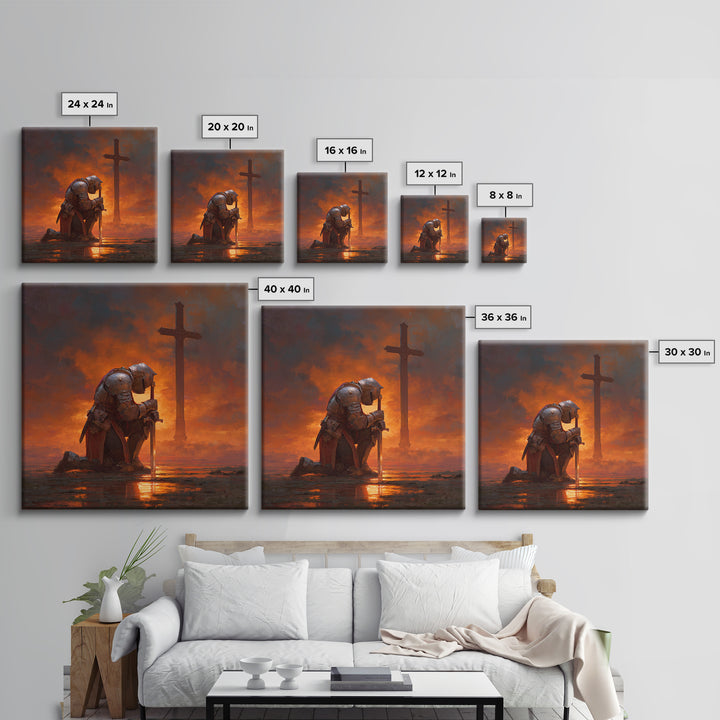 Kneeling Crusader Before Cross At Fiery Sunset Wall Art, Christian Canvas Print, Medieval Decor, Inspirational Gift For Him